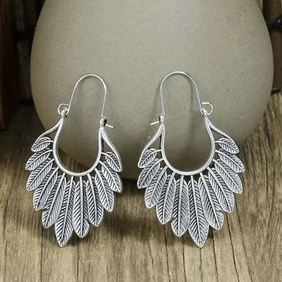 Boho Moon & Feather Hoop Earrings,Antique Silver Tone,3 Pairs Earrings Set - Picture 5 of 5